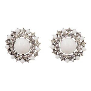 Vintage 1950s Crown Trifari White Cabochon & Clear Rhinestone Clip Earrings